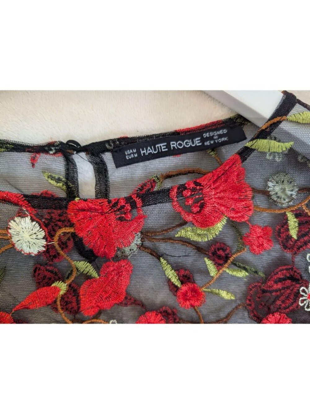 Embroidered Sheer Black Mesh Crop Top With Red Rose Design & Bell Sleeves By Hau - Picture 5 of 13